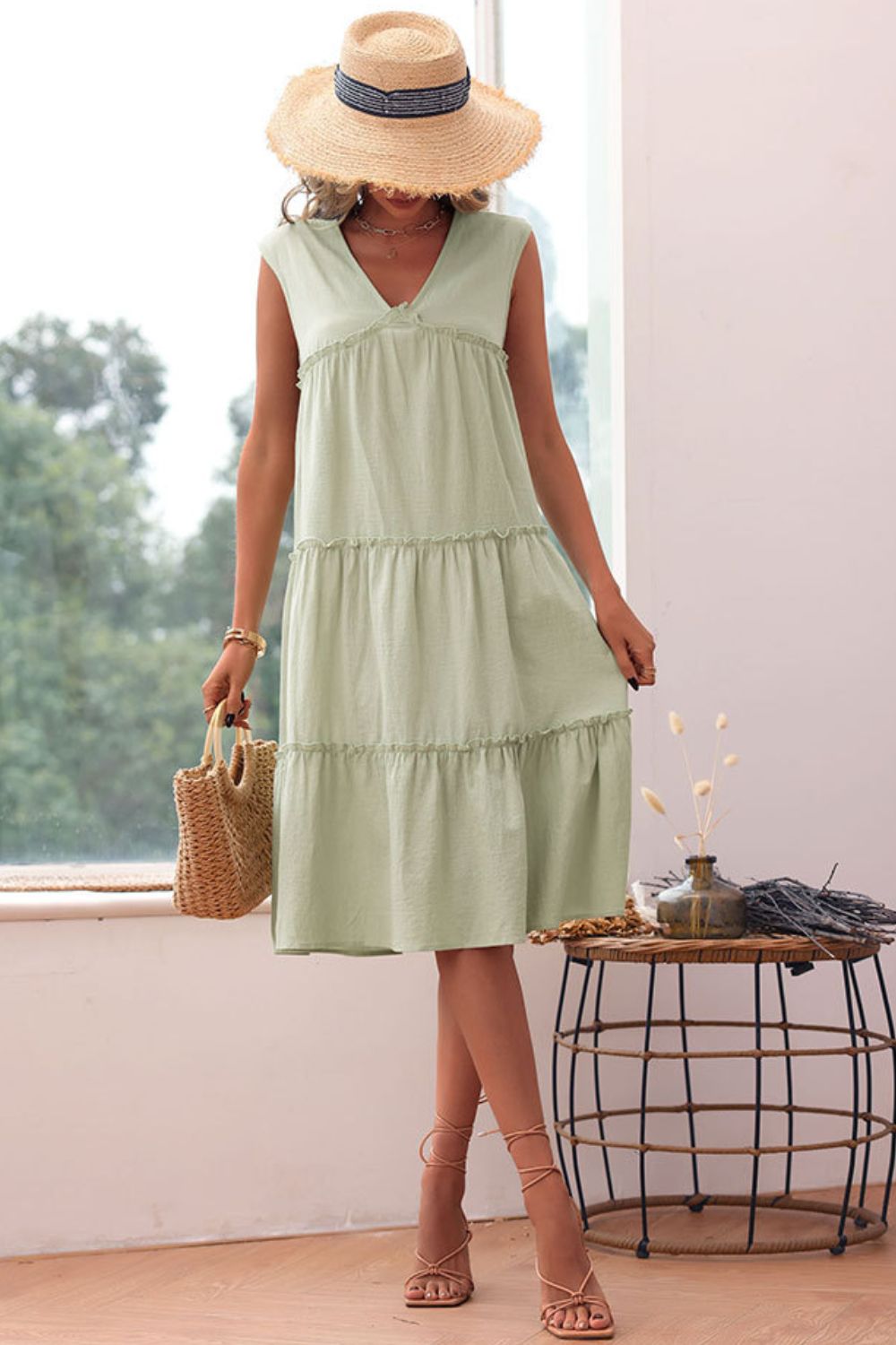 Frill Trim V-Neck Sleeveless Dress