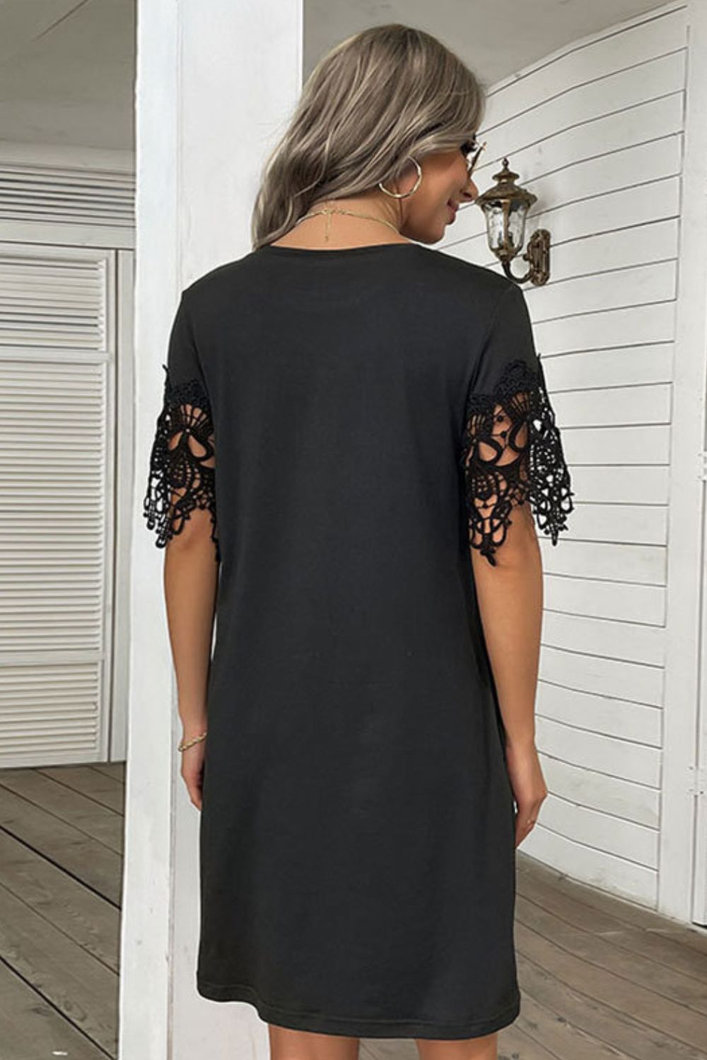 Spliced Lace Shift Dress with Pockets