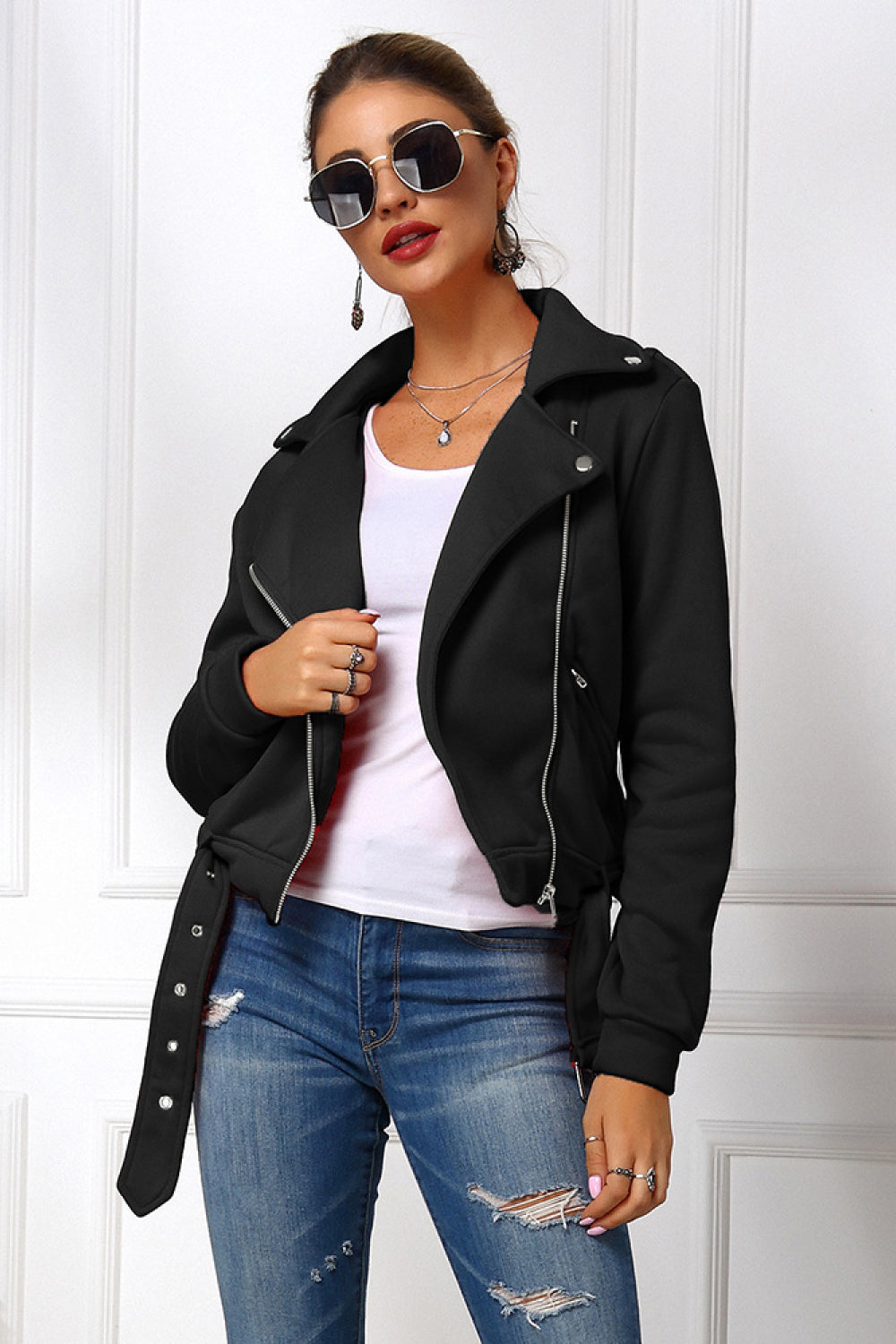 Zip Up Belted Bike Jacket