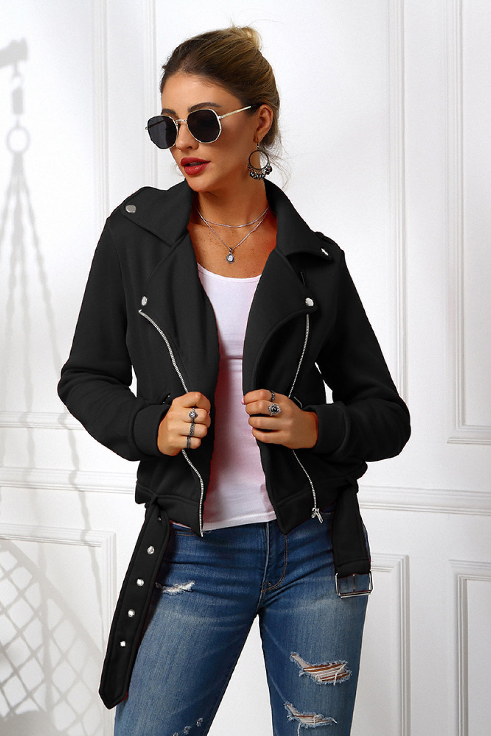 Zip Up Belted Bike Jacket