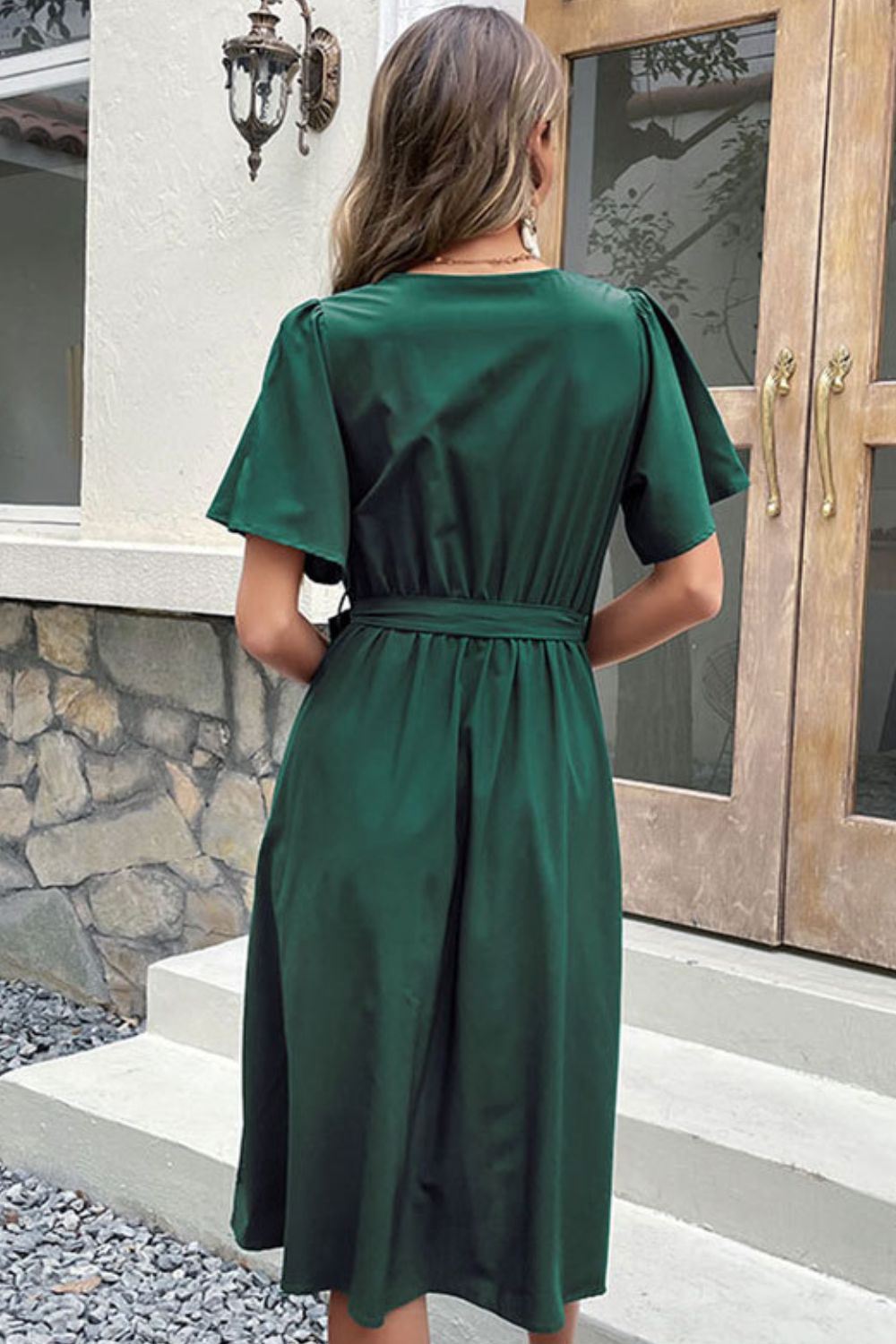 Buttoned Tie-Waist Surplice Dress