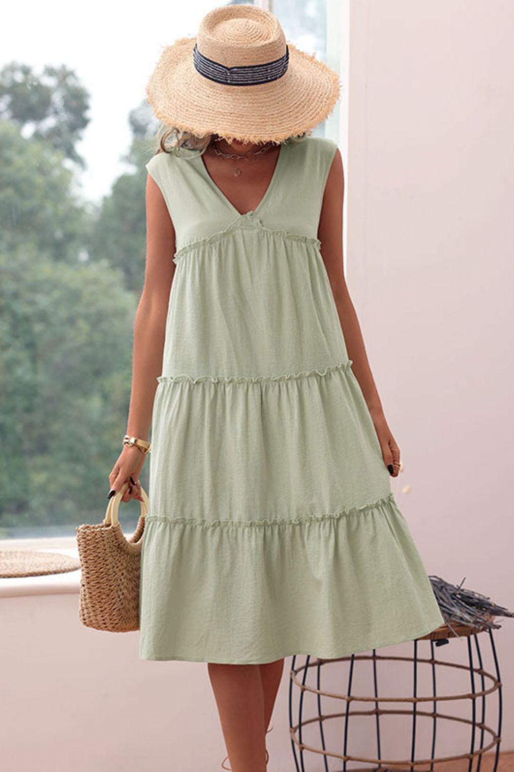 Frill Trim V-Neck Sleeveless Dress