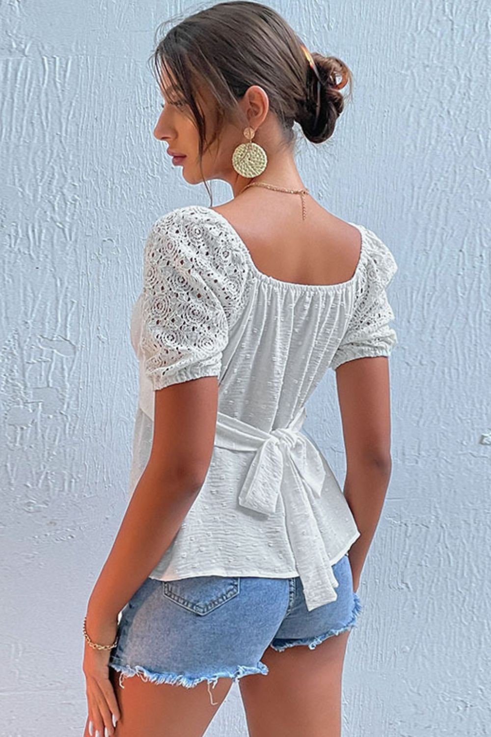 Swiss Dot Spliced Lace Tie-Back Top